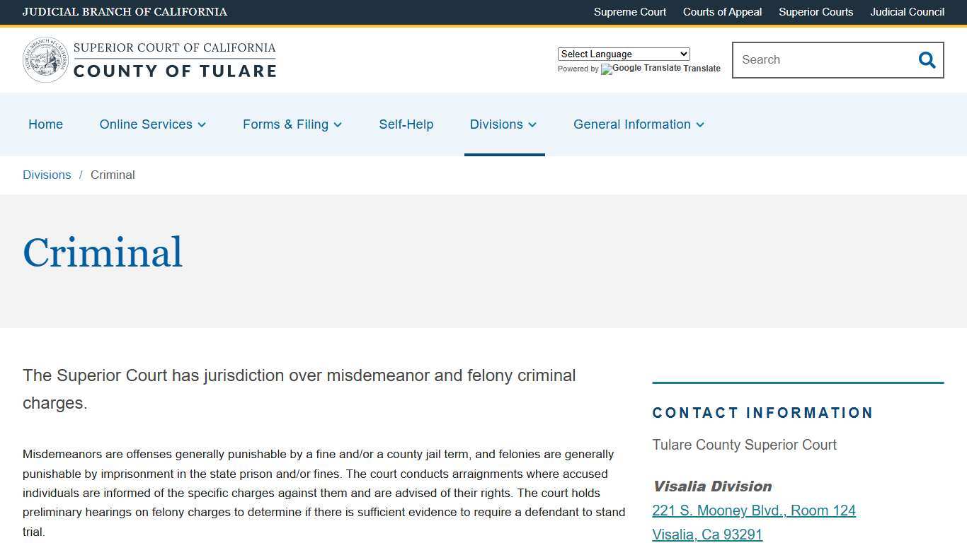 Criminal | Superior Court of California | County of Tulare